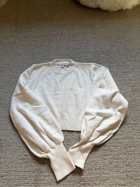 White Cropped Crewneck Sweater with Balloon Sleeves